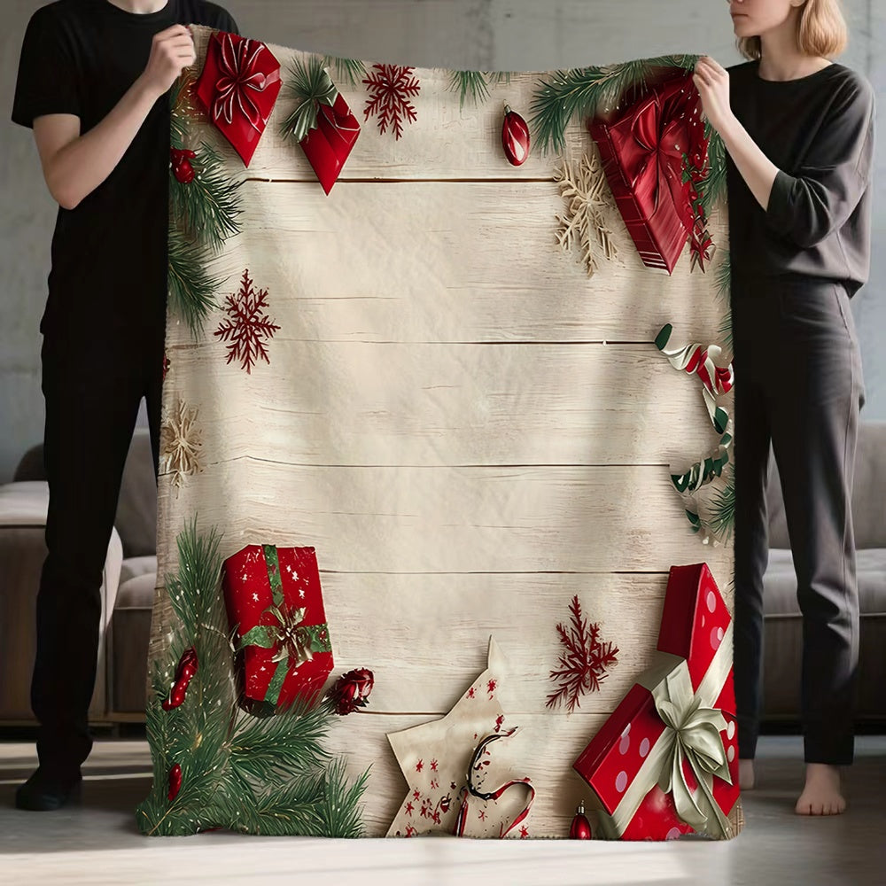 Christmas Gift And Snowflake Pattern, Red And Beige Design Flannel Blanket, Soft Comfortable Warm, All-Season Sofa Blanket, Warm Cover Blanket, Suitable for Living Room Sofa, Bedroom, Casual Reading, Holiday Decor, And Winter Heating