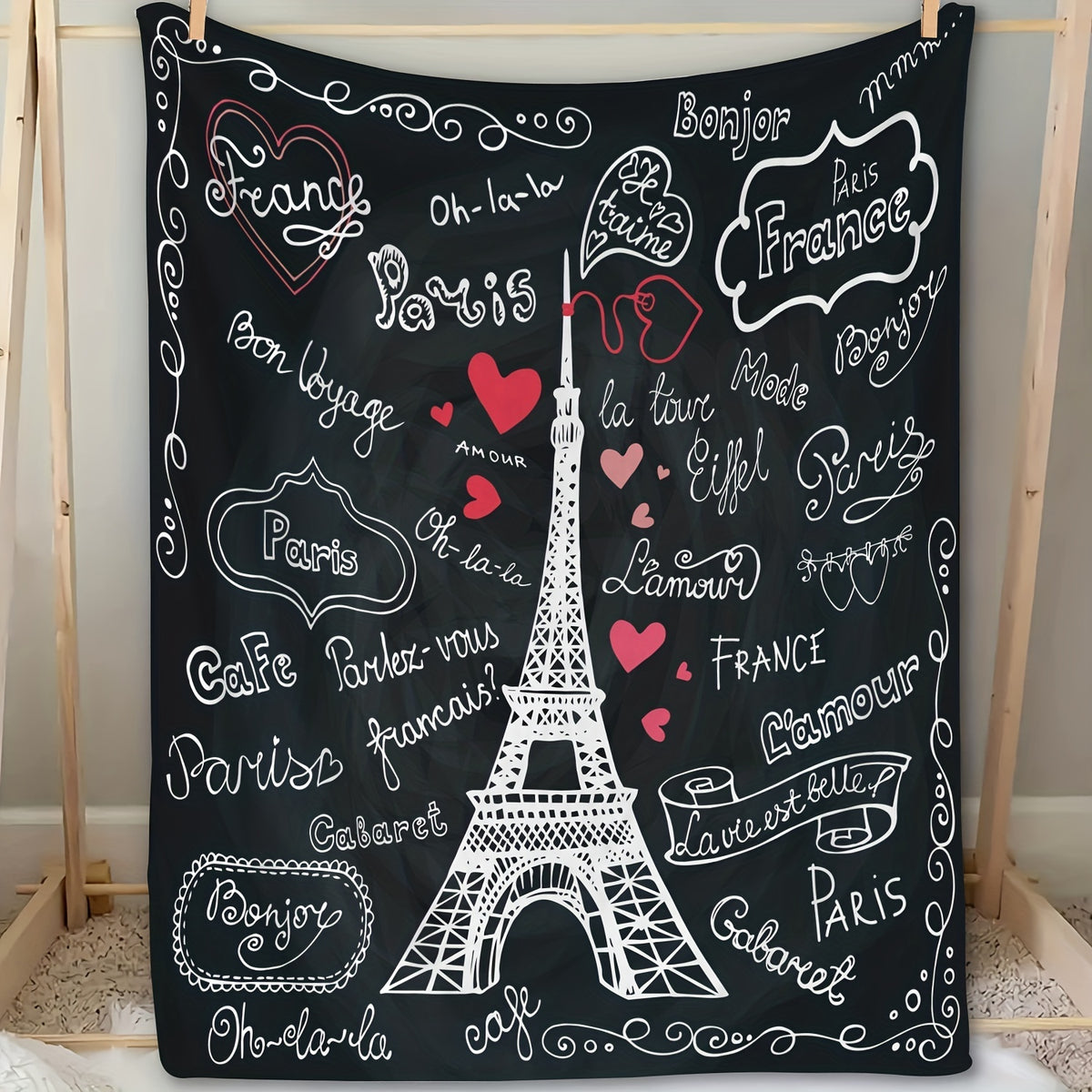 1pc Eiffel Tower with French-Style Romantic Handwritten Font Pattern Flannel Blanket, Soft, Comfortable, and Warm, with a Black Background and White Print Design, Durable Plush Surface, All-season Universal Sofa Throw, Warm Lap Blanket