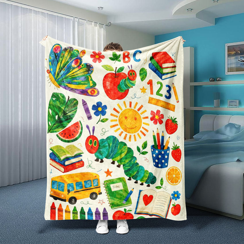 for CATERPILLAR 2D Watercolor Cartoon Print, Featuring Caterpillars with Butterfly, Vegetables, Fruits, Stationery, School Bus, and Sun Elements, Fresh Cartoon Style, Portable Home Blanket¡ªLightweight Sofa Bed Blanket for Travel, Camping