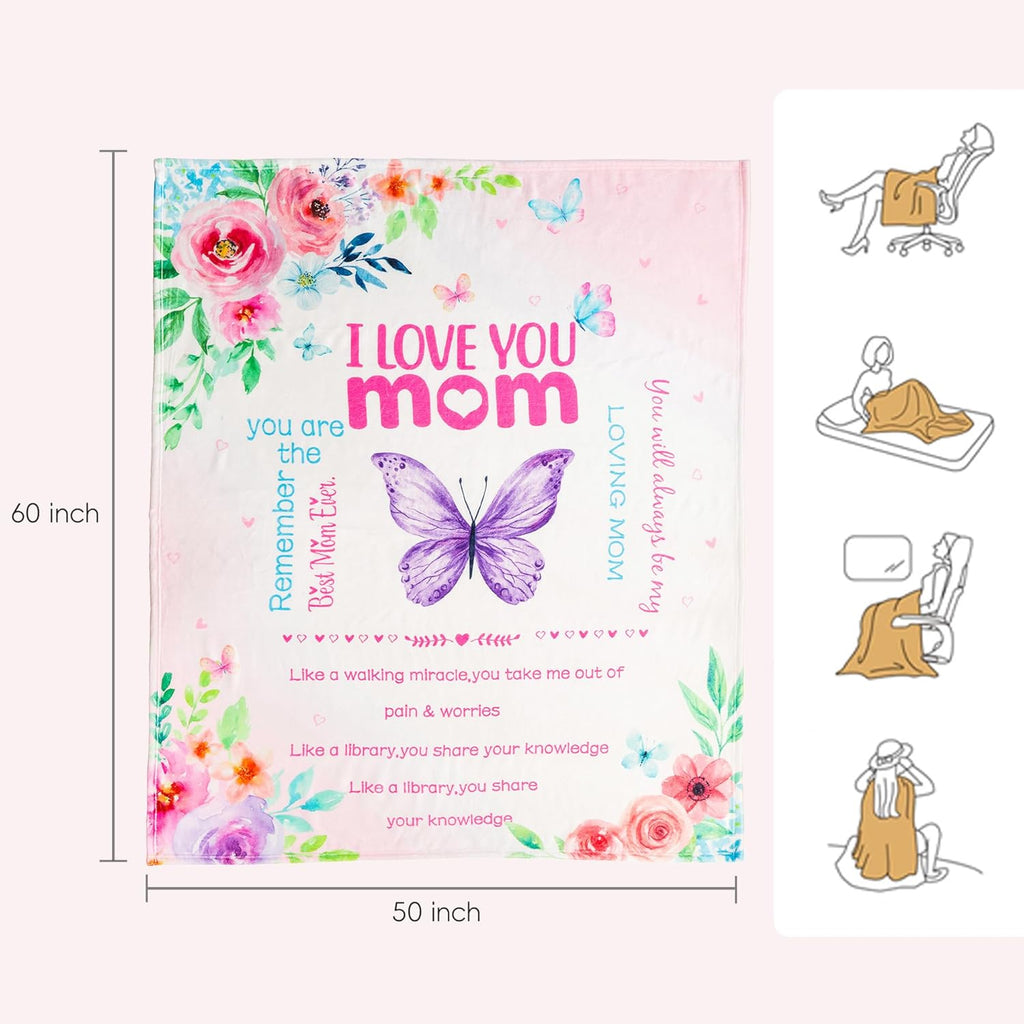 Battilo Throw Blankets Anniversary Birthday Gift for Mom from Daughter Son, I Love You Mom Blanket, Super Soft Flannel Throw Blankets for Bed Couch, 50x60