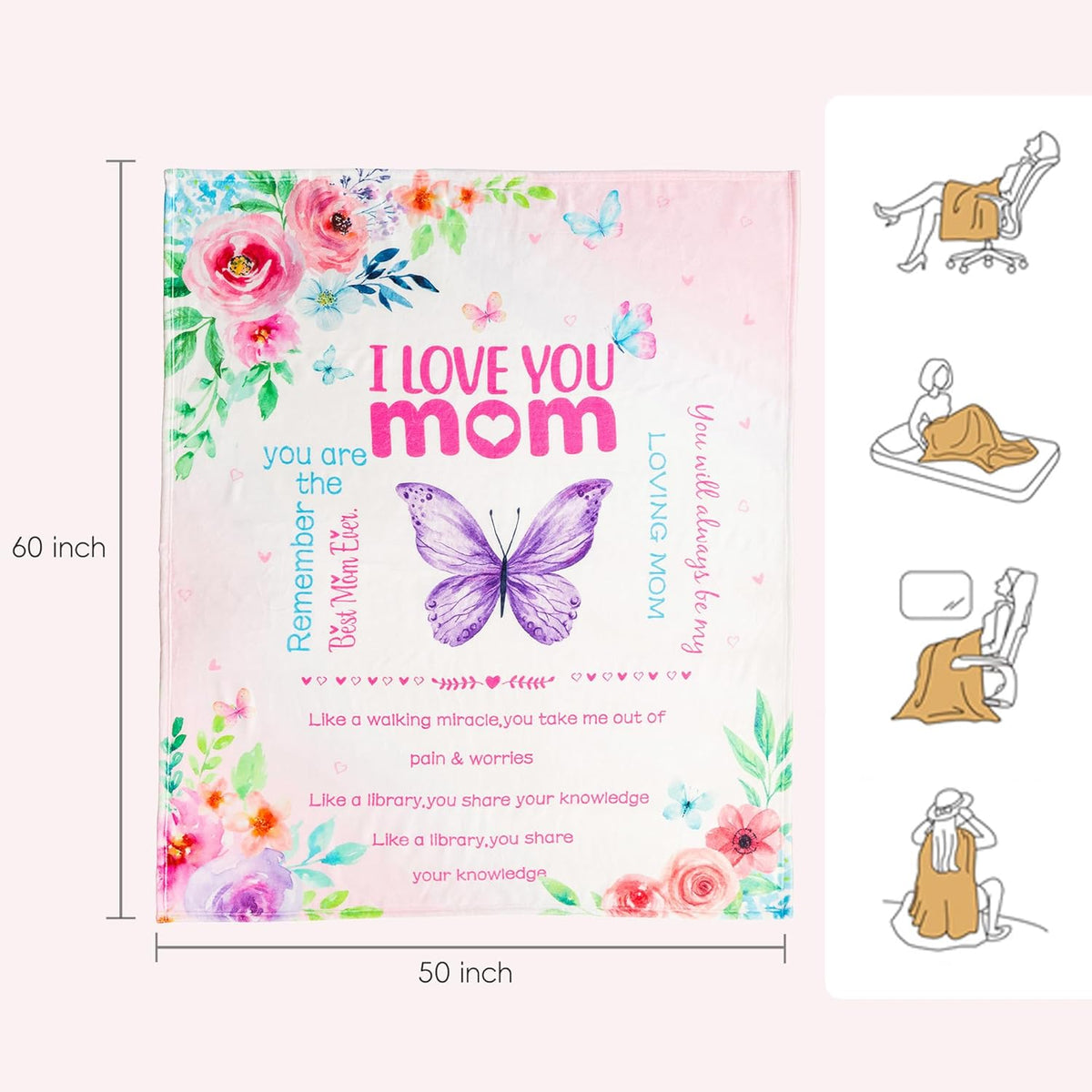 Battilo Throw Blankets Anniversary Birthday Gift for Mom from Daughter Son, I Love You Mom Blanket, Super Soft Flannel Throw Blankets for Bed Couch, 50x60