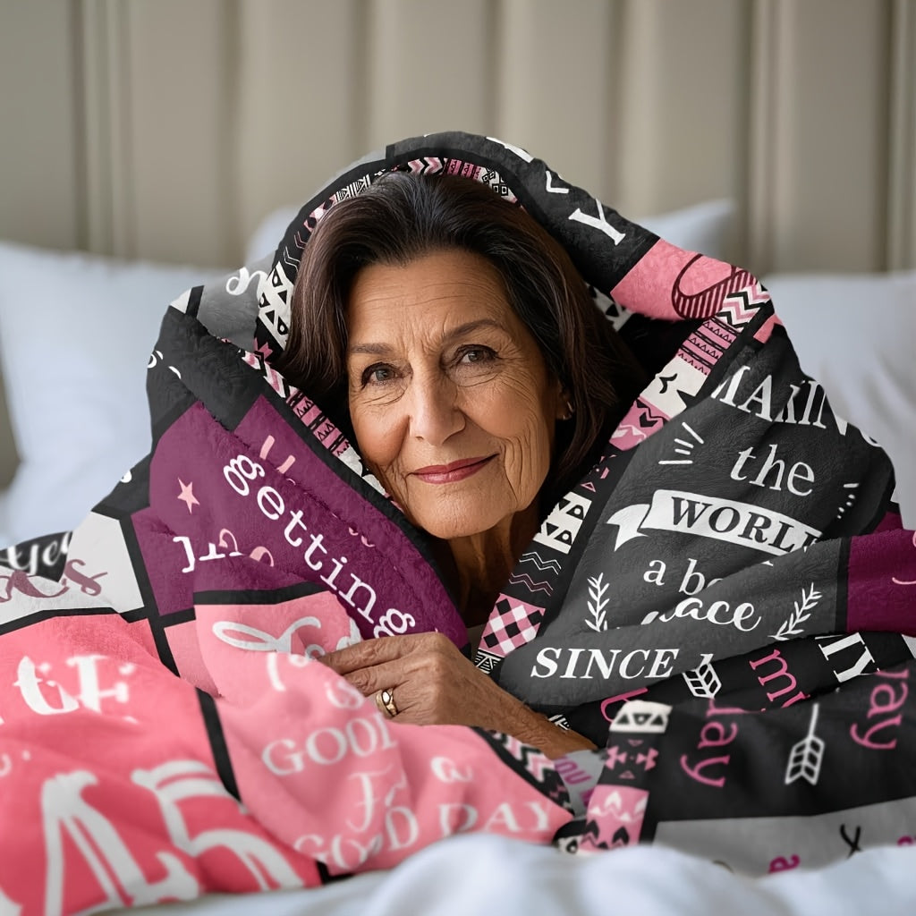 1pc a Soft Flannel Throw Blanket Designed for Women Celebrating Their 80Th Birthday, Featuring Vintage-Style Messages from 1945, with Pink And Black/White Stripes. It'S Machine Washable And Suitable for All Seasons