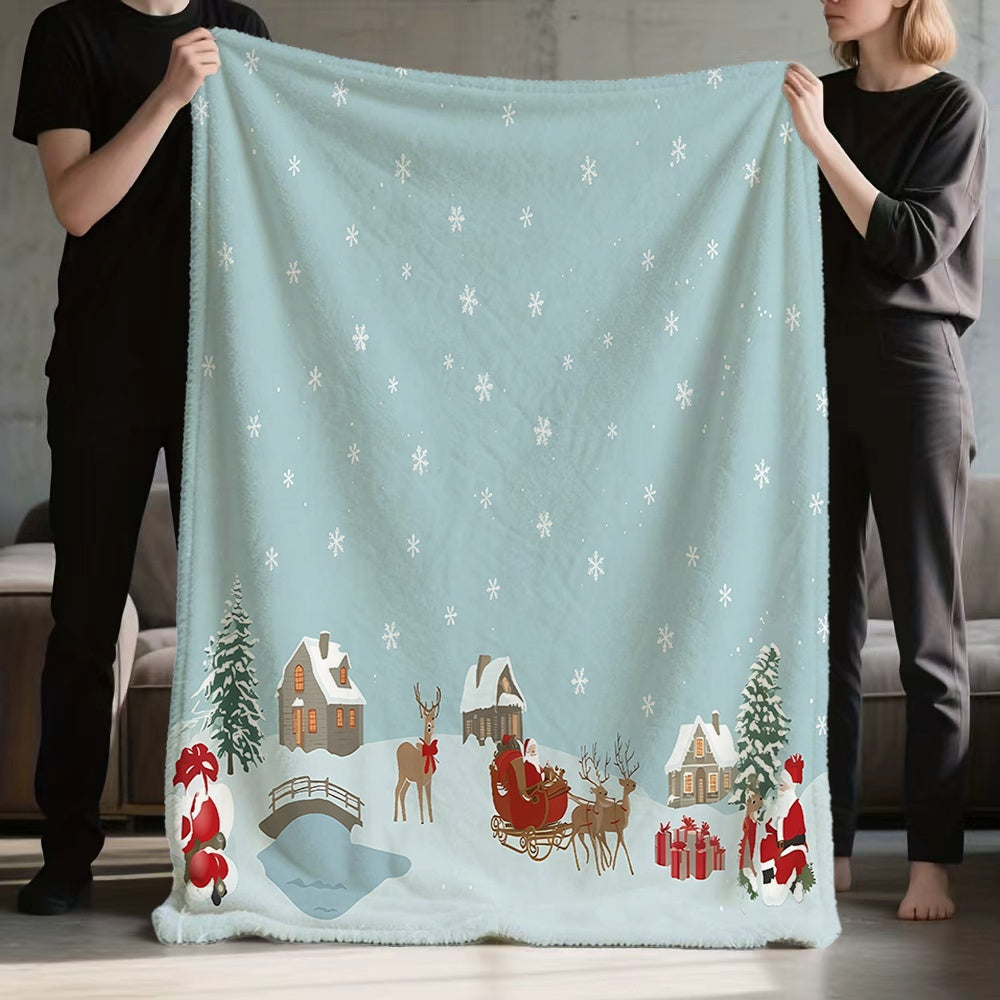 1pc Christmas Snow Scene Reindeer and Sleigh Pattern Flannel Blanket, Soft, Comfortable, and Warm, Light Blue Winter Design, All-Season Sofa Throw, Warm Cover Blanket, Multiple Sizes Available, Suitable for Living Room Sofas, Bedroom
