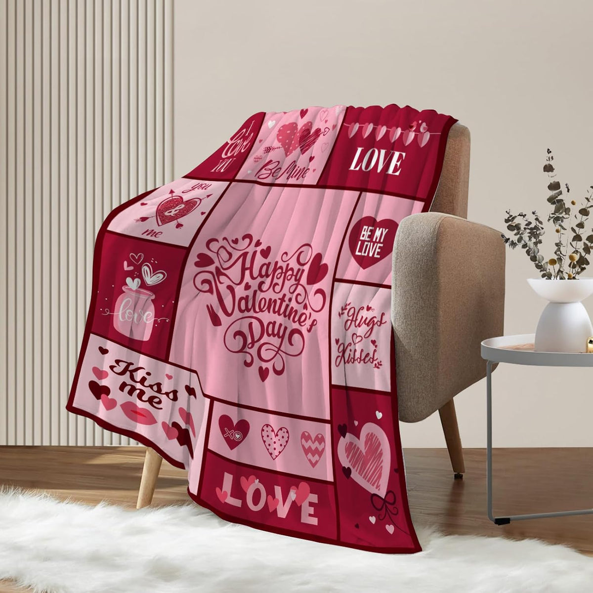 Neatee Living Valentine'S Day Decorative Throw Blanket 50 by 60 in Pink Plaid with Love Hearts, Ideal Gift for Girlfriend, Wife, Or Couples, Soft Flannel Blanket for Couch, Sofa, Or Bed