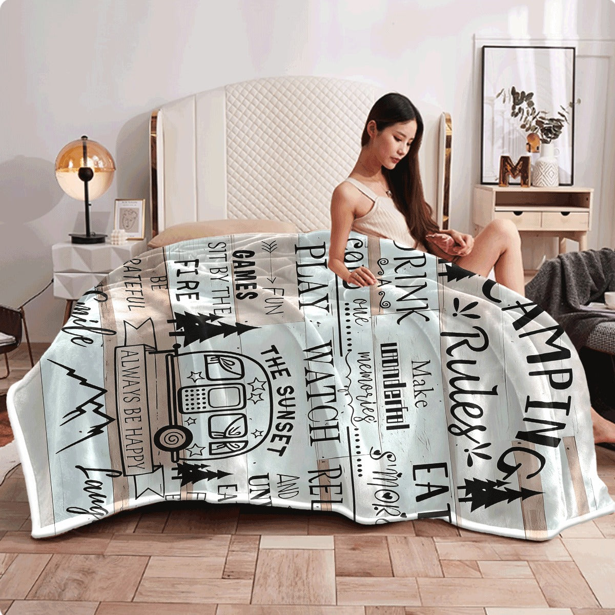 1pc Vintage Camping-Themed Flannel Blanket Soft All-Season Indoor Outdoor Throw with Retro Camper Pine Trees & Campfire Design Camping Rules Text Perfect for Sofa Camping Trips Ideal