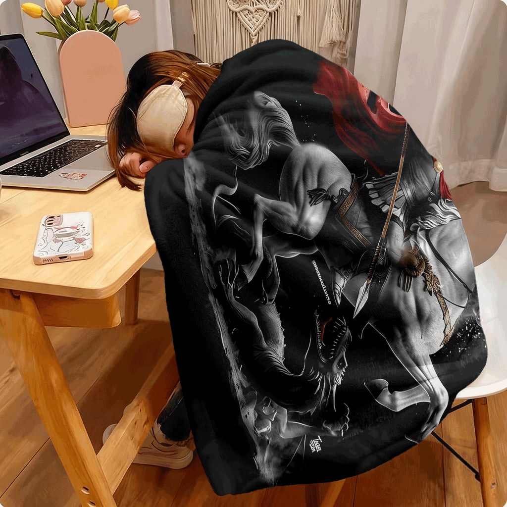 1pc St. George Versus Dragon Design Fleece Throw Blanket, Suitable for All Seasons, Reversible, Cozy And Warm, Long-Lasting, No Shedding, Modern Style, for Home And Office Use, Made from 200-250G Fabric, Featuring a Cartoon Theme