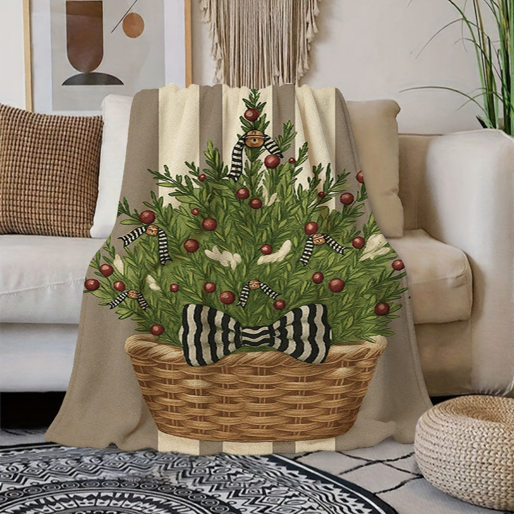 1pc Christmas Fir Tree And Basket Pattern Cream Beige Flannel Blanket, Festive Decor Design, Soft Plush All-Season Use, Suitable for Living Room Sofa Cover, Weekend Napping, And Reading Time