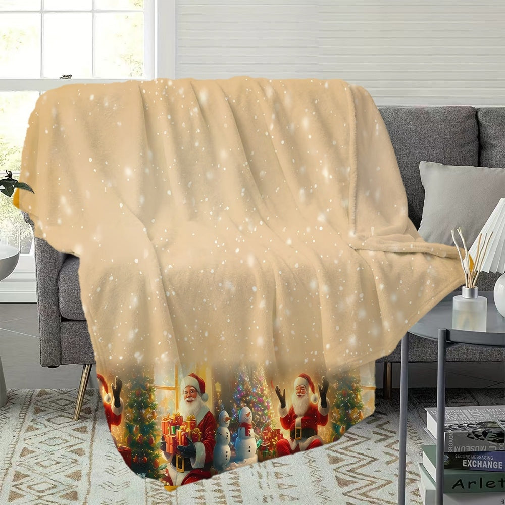 Santa Claus and Snowman Pattern Golden Flannel Blanket, Soft, Comfortable, and Warm, Festive Design, Durable Plush Surface, All-Season Universal Sofa Blanket, Warm Throw Blanket, Multiple Sizes Available, Suitable for Living Room, Bedroom