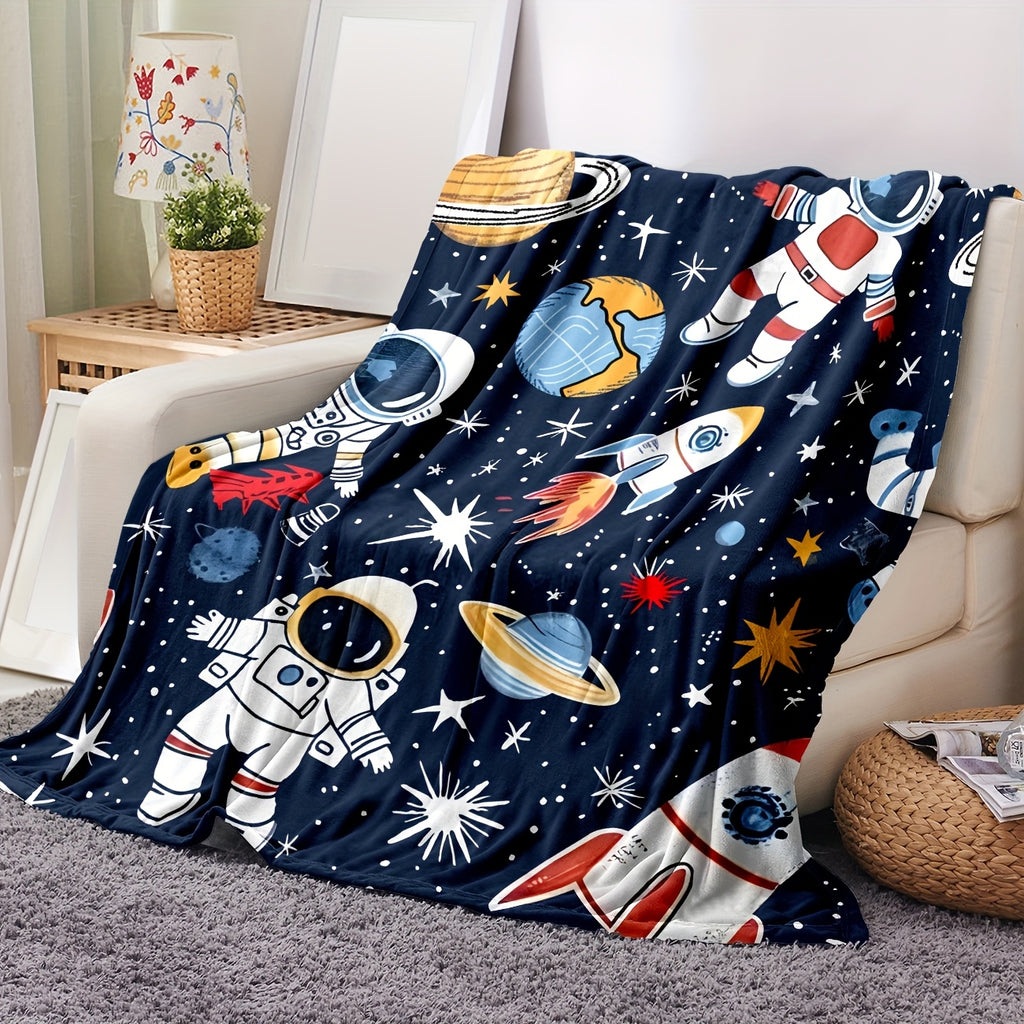 1pc Cozy Astronaut Blanket - Soft Flannel Fleece Space-Themed with Planets & Rockets, Lightweight All-Season Throw Suitable for, Sofa, Travel, Camping, & Room Decor