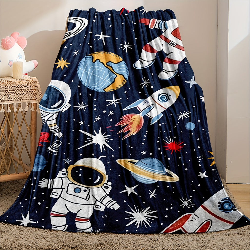 1pc Cozy Astronaut Blanket - Soft Flannel Fleece Space-Themed with Planets & Rockets, Lightweight All-Season Throw Suitable for, Sofa, Travel, Camping, & Room Decor
