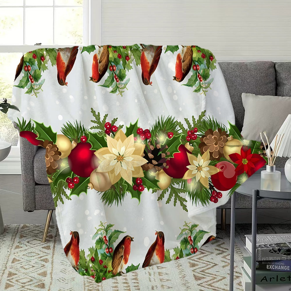 1pc Christmas Red Bird and Wreath Pattern Flannel Blanket, Soft, Comfortable, and Warm, with a White Base and Festive Design. A Four-season Universal Sofa Throw and Warm Cover Blanket, Available in Multiple Sizes. Suitable for Living Room Sofas