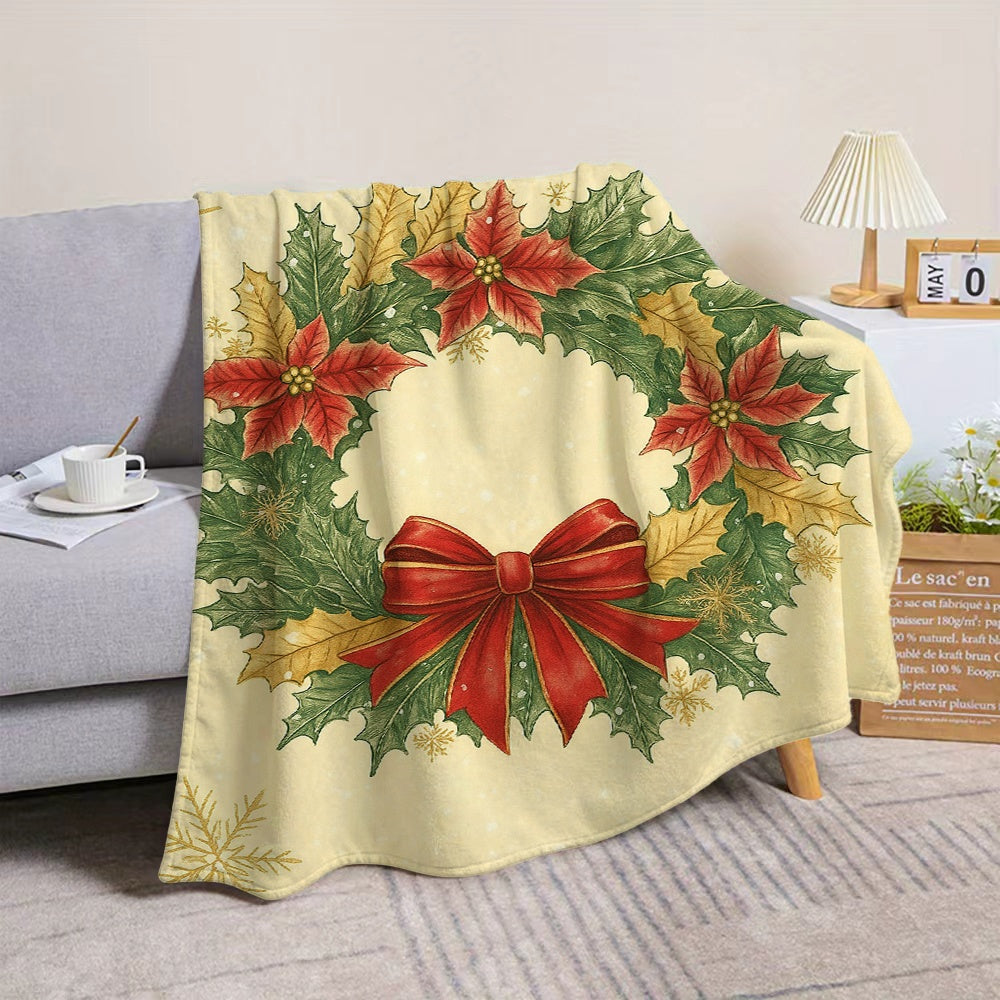 1 Christmas Wreath and Red Ribbon Flannel Blanket, Beige-toned Design, Durable Plush Warm Throw Blanket, Suitable for Bedroom Bed Use, Balcony Leisure, and Seasonal Home Use