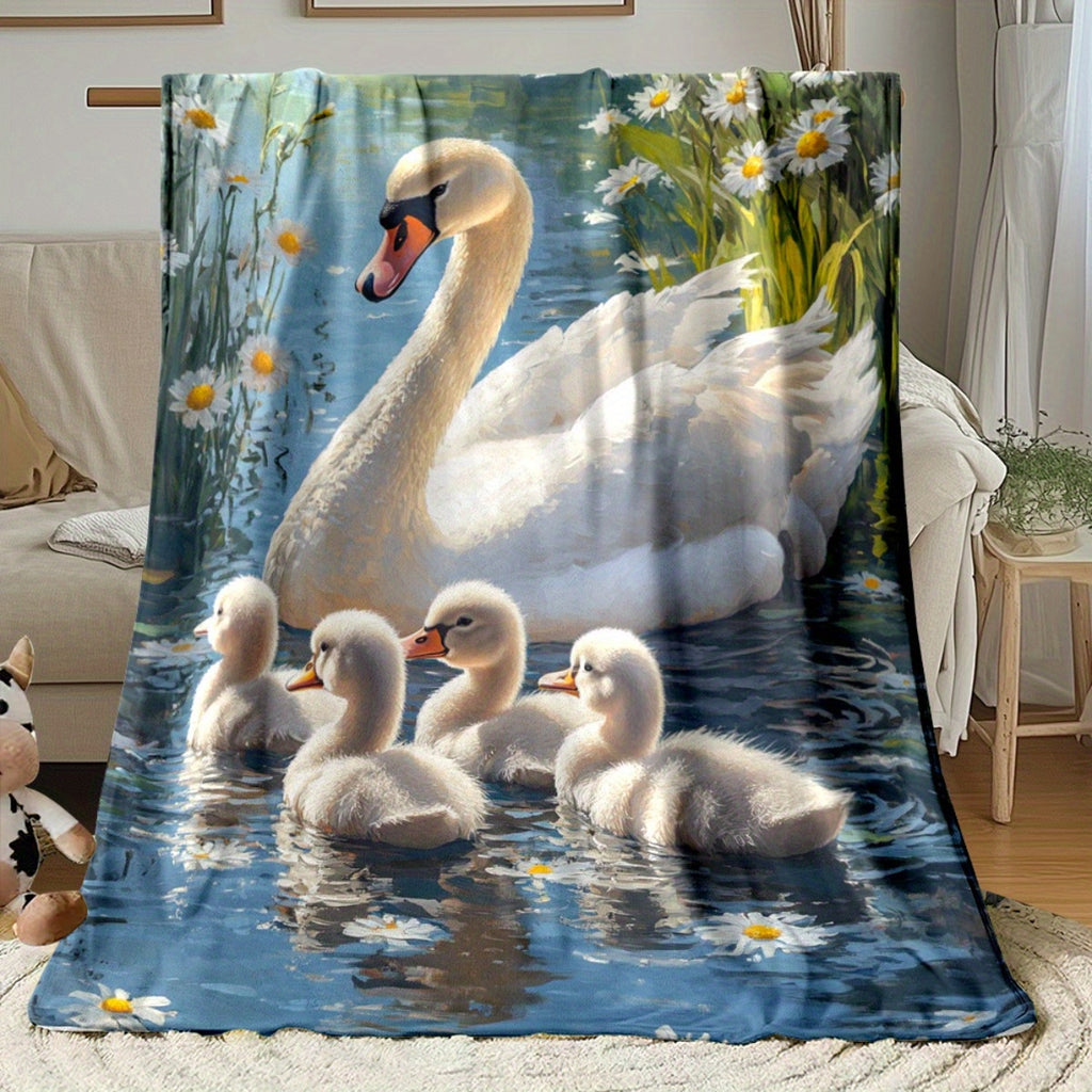 1pc 2D Flat Print Swan and Gosling Blanket, Soft Flannel Throw¡ªblue and White Design, Multiple Sizes Available, Suitable for Living Room, Bedroom, Sofa, Couch, and Reading Area, 2D Flat