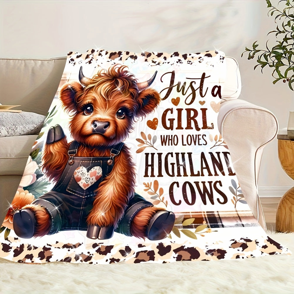 1pc a Cozy, Contemporary Flannel Blanket Featuring an Adorable Highland Cow Design. It'S Stylish, Soft, And Warm, Making It a Versatile Gift for Any Season. Perfect for Use on a Sofa, Bed, at The Office, Or While Traveling