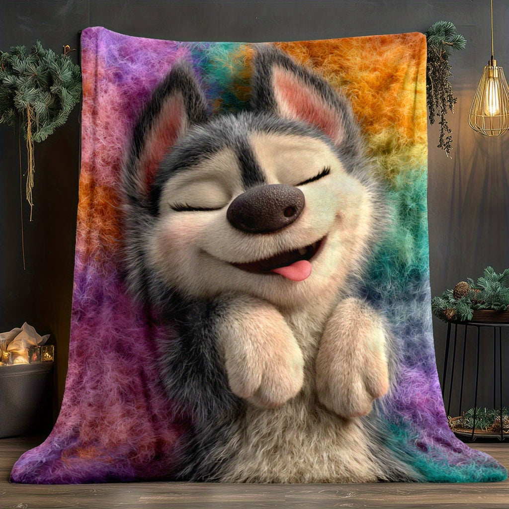 1pc Joyful Husky Print Blanket - Soft Polyester, All-Season Comfort Blanket for Home, Office, Travel, Camping | Vibrant Color Design, Camping Blanket|Playful Dog Design|Polyester Fiber, Husky