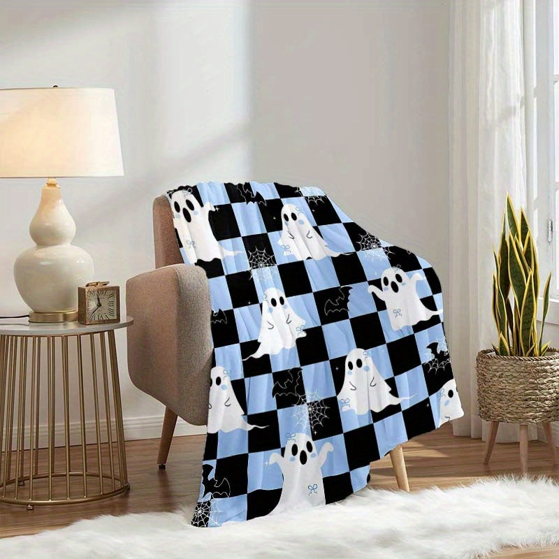 1pc 2D Printed Flannel Halloween-themed Blanket with and Plaid Print Design¡ªsoft, Warm, and Cozy, Lightweight and Durable, Available in Multiple Sizes, Perfect for Halloween Parties, Holiday Decorations, Living Room Lounging, and Bedroom Warmth.
