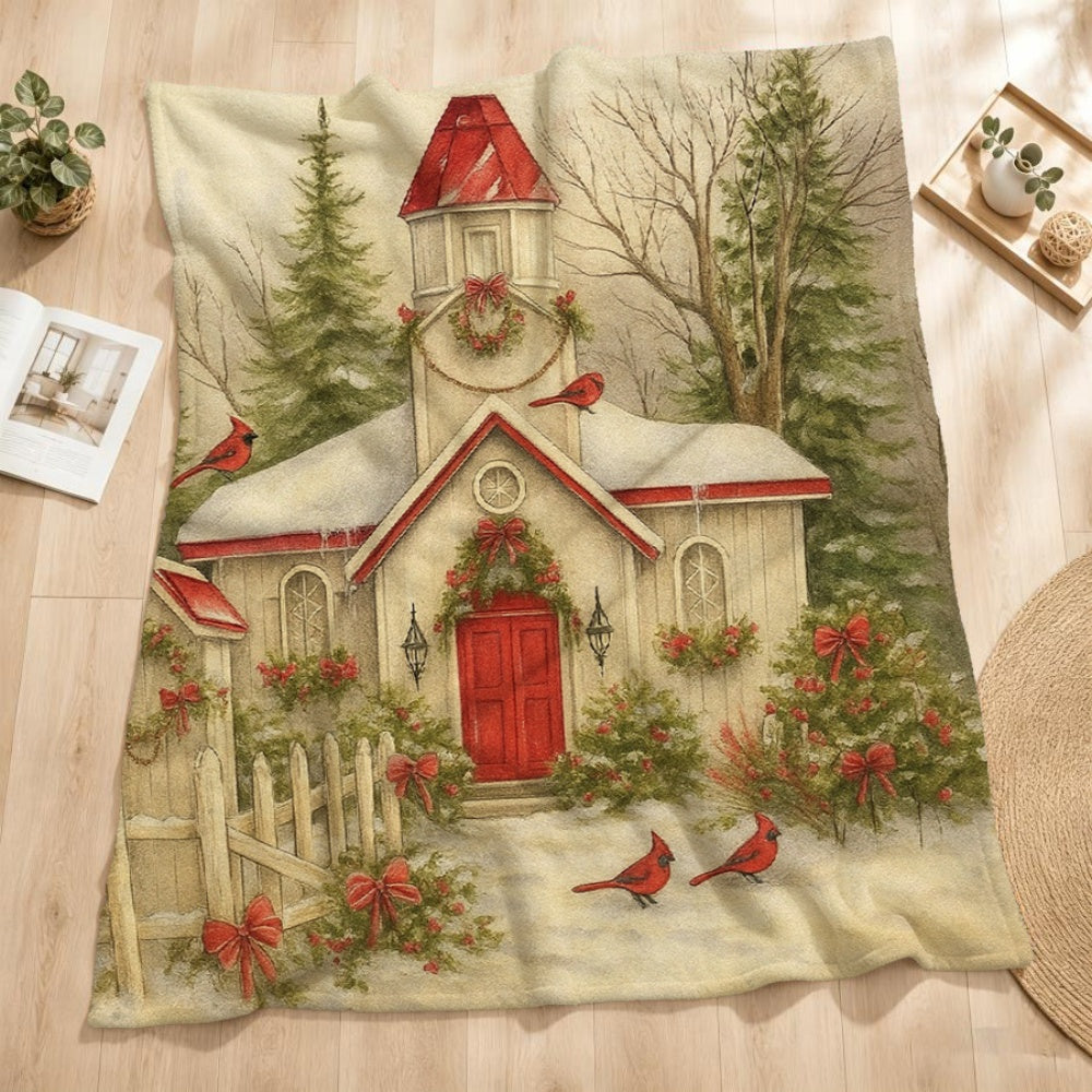 1pc Red Bird and Holly Wreath Christmas Themed Flannel Blanket, Cream White Background with Holiday Decorative Design, Soft Plush Surface for All Seasons, Suitable as a Living Room Sofa Throw, for Reading Time, and Weekend Naps on the Couch