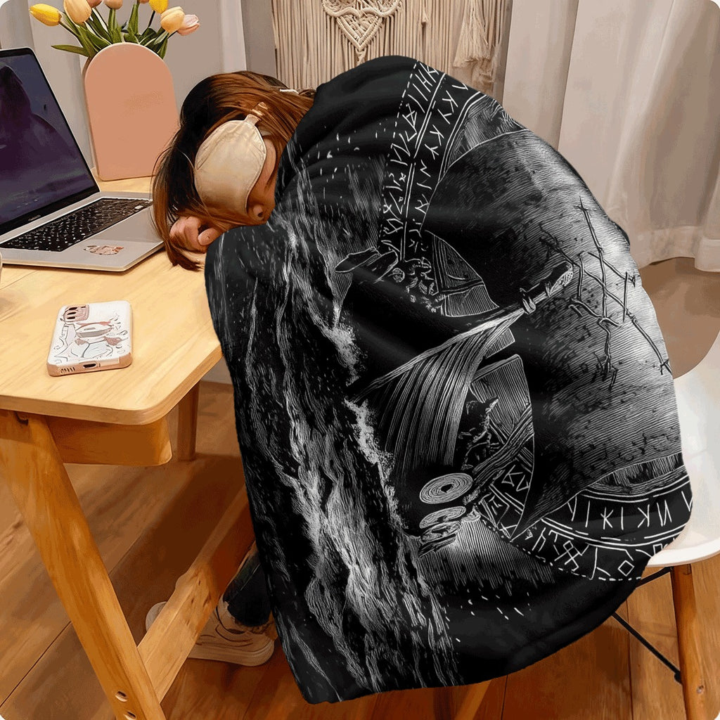 1pc Viking Longship with Runes Black White Engraved Soft Flannel Blanket Dark Norse Style Nautical Decor Throw for Couch Cozy Fleece Fabric All-Season Warm Cover