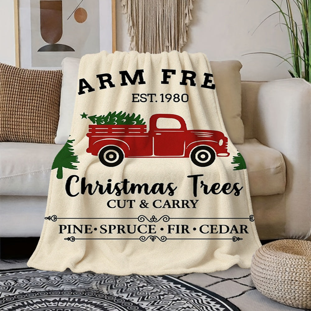1pc Christmas Red Truck Carrying a Tree Pattern Cream Beige Flannel Blanket, Christmas Winter Body Blanket, Soft Plush for All Seasons, Suitable for Reading Time, Weekend Sofa Naps, and Office Naps