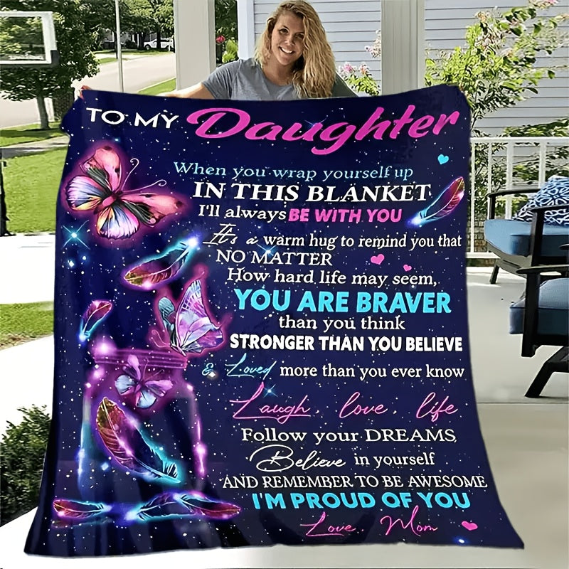 1pc Cozy Flannel Fleece Blanket for Daughter - Soft Polyester Throw with Inspirational Quotes, All-Season Comfort, Machine Washable, Perfect Mother'S Gift for Birthday Or Holiday