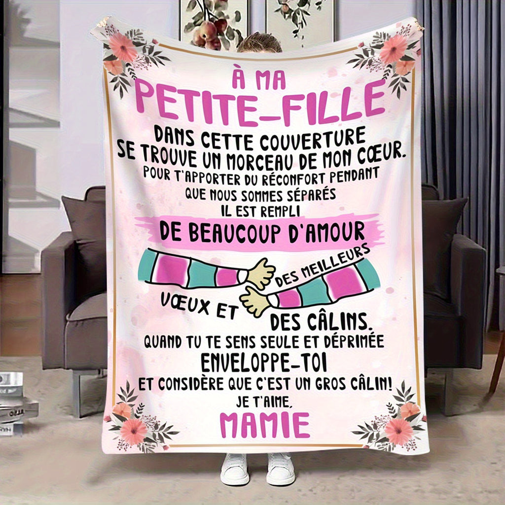 French Granddaughter Gift Blanket - Soft Flannel Shawl, Bilingual "My Little Daughter" Love Blessing, Light Color Floral Pattern, All Season Comfortable Sofa, Blanket, Modern Floral Design, Cute Blanket