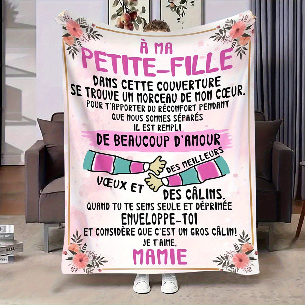 French Granddaughter Gift Blanket - Soft Flannel Shawl, Bilingual "My Little Daughter" Love Blessing, Light Color Floral Pattern, All Season Comfortable Sofa, Blanket, Modern Floral Design, Cute Blanket