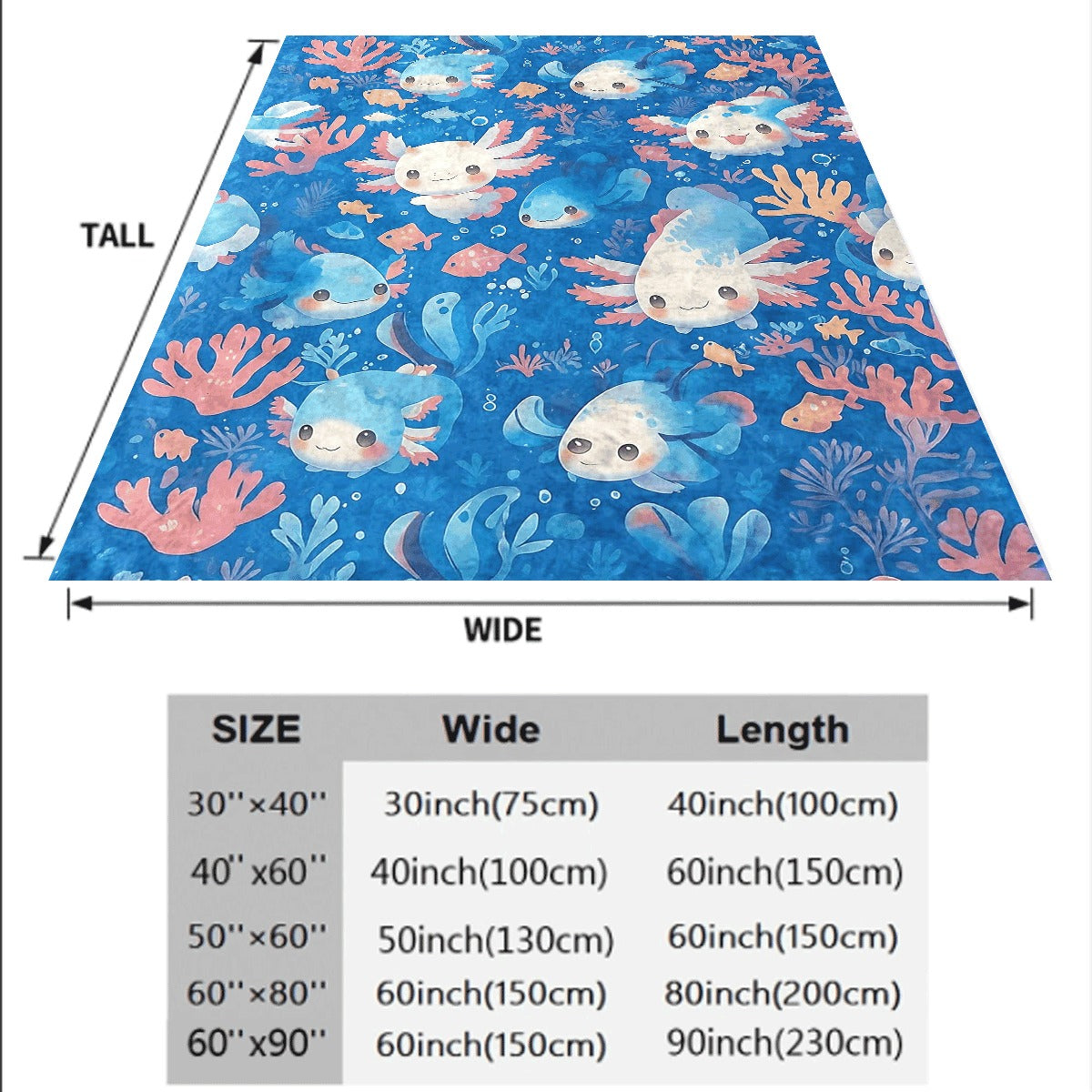 One Cute Axolotl-Themed Flannel Blanket in Blue, Featuring Adorable Axolotls And Coral. This Soft Throw Is Made from Cozy Fabric Suitable for Any Season, Ideal for Animal Enthusiasts