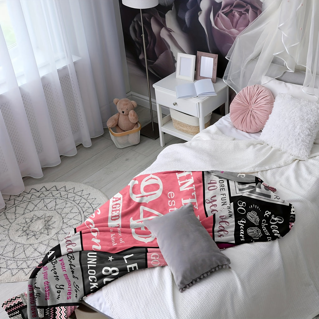 1pc a Soft Flannel Throw Blanket Designed for Women Celebrating Their 80Th Birthday, Featuring Vintage-Style Messages from 1945, with Pink And Black/White Stripes. It'S Machine Washable And Suitable for All Seasons