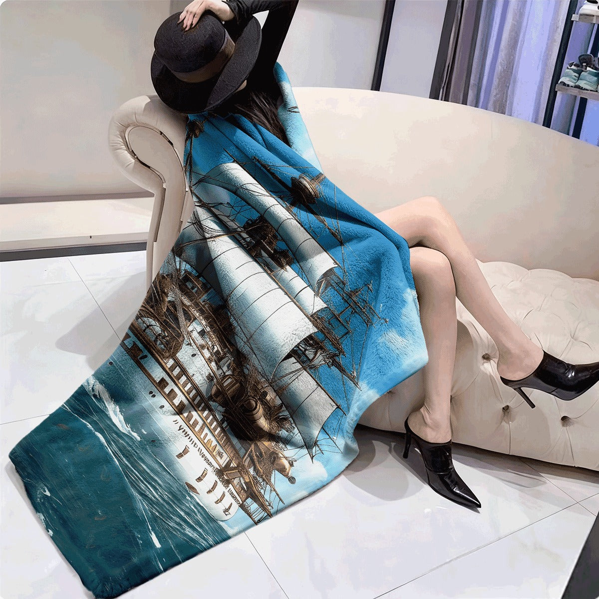 1pc Vintage Pirate Ship Flannel Throw Blanket Soft Warm and Cozy with Nautical Design Perfect for Sofa or Office Ideal Gift for Friends and Family Digital Print Polyester All-Seas