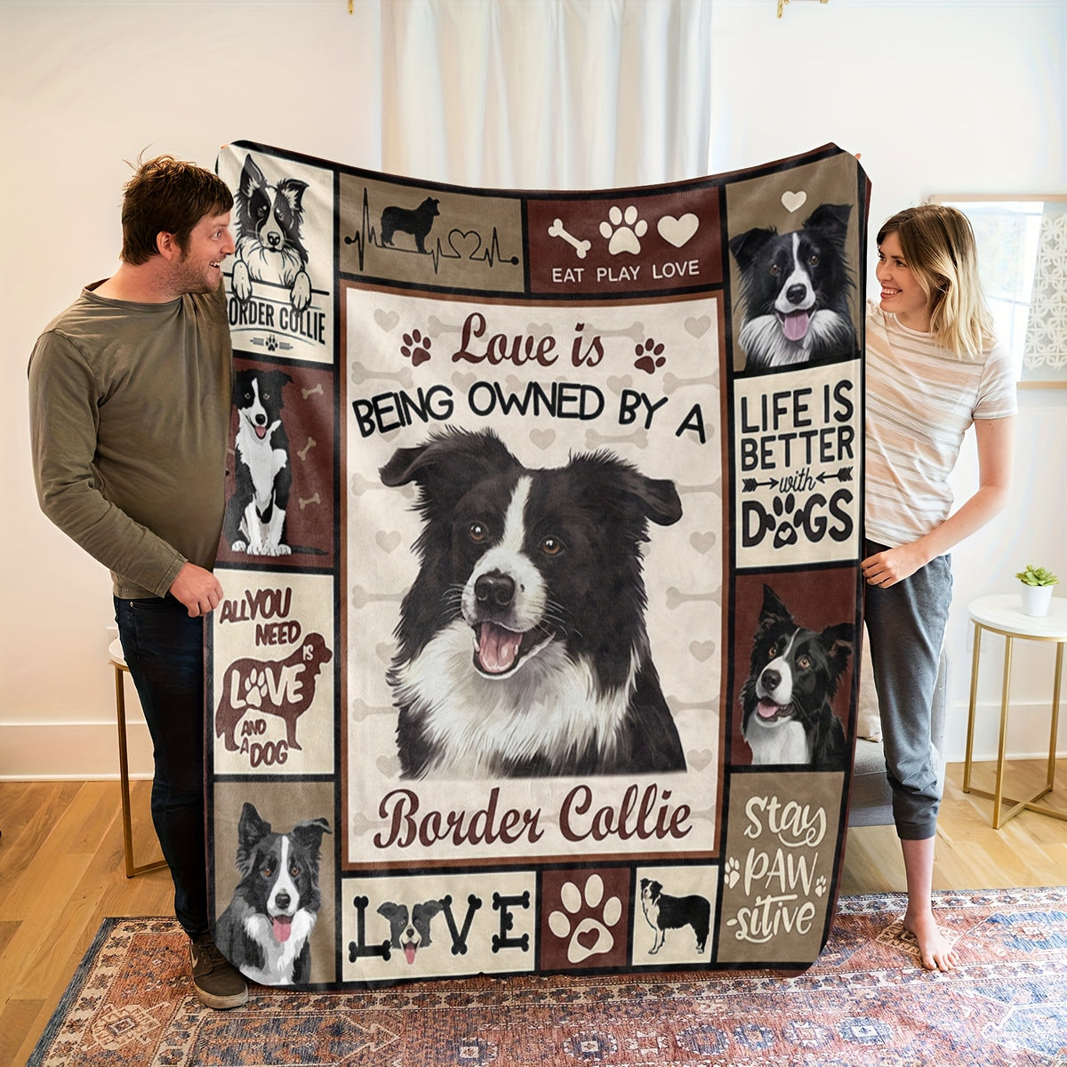 Cozy Border Collie-Themed Flannel Blanket- Soft, Breathable& Machine Washable, Contemporary Animal Print Design, Perfect Gift for Dog Lovers, All-Season Use, Dog Lover