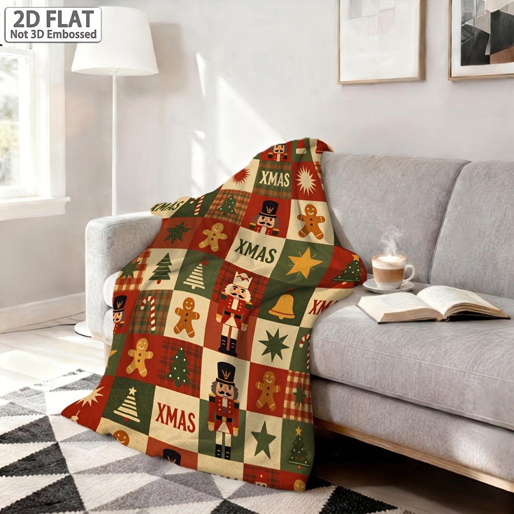 1pc Christmas Gingerbread for Man and Nutcracker Themed Red Flannel Large Blanket, Festive Cozy Design, Oversized Throw Blanket, Winter Decoration, Durable Plush Surface, Suitable for All Seasons, Ideal for Living Room Sofa Cover, Reading Time