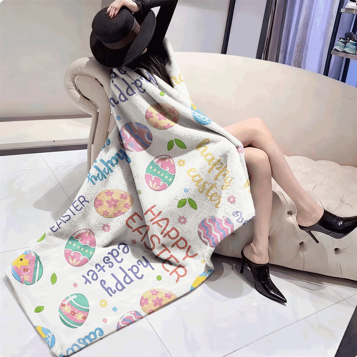 1pc Easter Egg & Happy Easter Spread Pastel Spring Cover with Bunny Tulip & Chick Patterns Soft Flannel Fabric for Room Decor Ding Machine Washable All-Season Spread (Multico