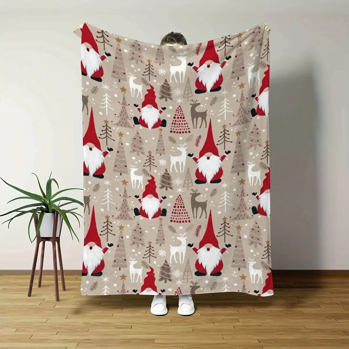 Christmas Holiday Throw Blanket - Traditional Style Flannel Fleece, Digital Print with Santa and Reindeer Motif, All-Season Cozy Multipurpose Polyester Throw, Soft Touch, 200-250gsm Weight, Ideal for Festive Decor& Gifting
