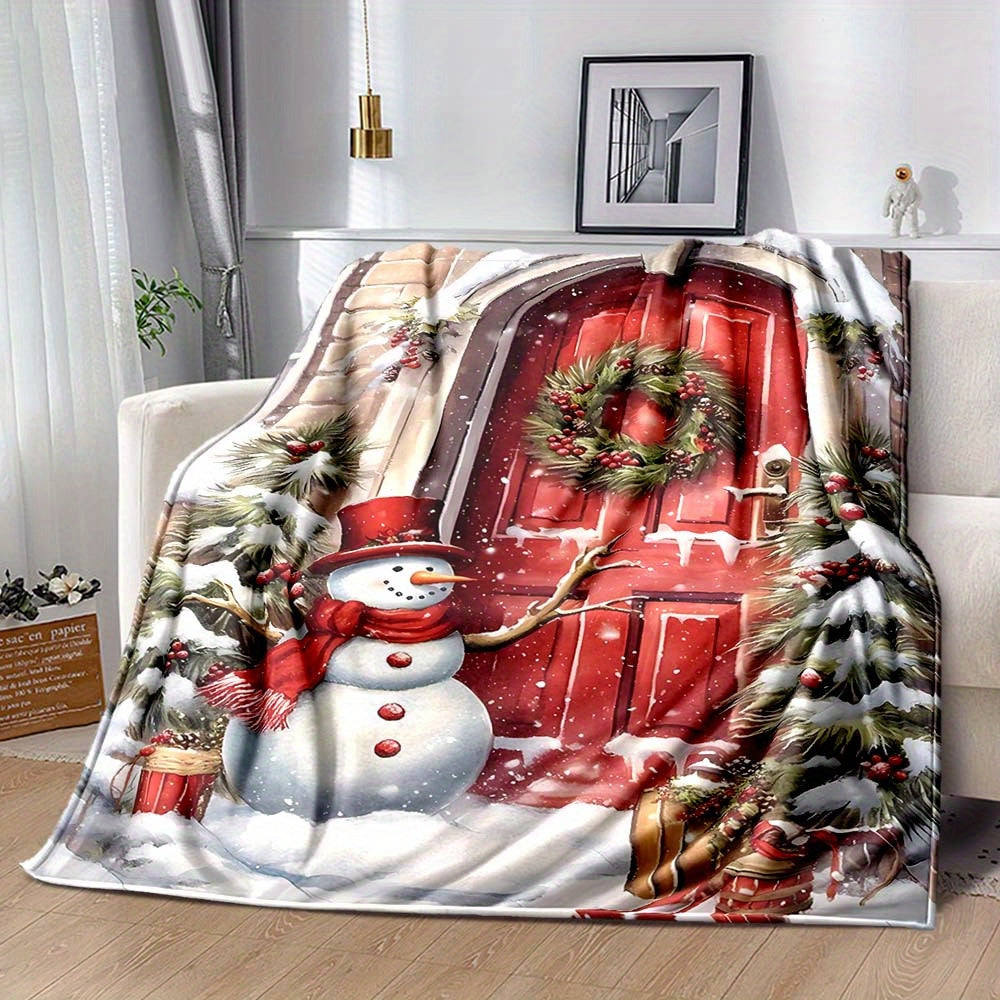 1pc Snow Christmas Door Pattern Blanket, Red Door Print Design, Body Cover Blanket, Soft Fleece Plush Surface, Lightweight And Durable, Multiple Sizes Available, Suitable for Christmas Decoration, Outdoor Courtyard, Living Room Sofa