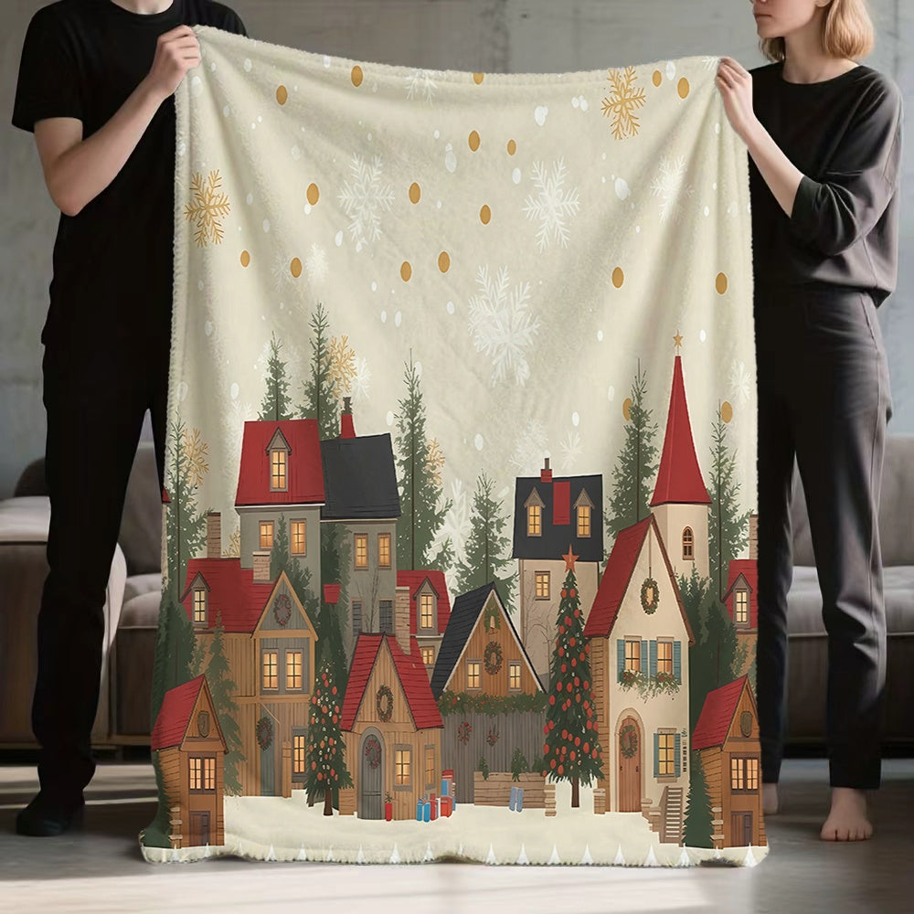 1pc Christmas Snowy Cottage Flannel Blanket, Soft Comfortable Warm, Beige And Golden Design, All-Season Sofa Blanket, Warm Cover, Multiple Sizes Available, Suitable for Living Room Sofa, Bedroom, Reading Corner, Leisure Time, And Holiday Decor
