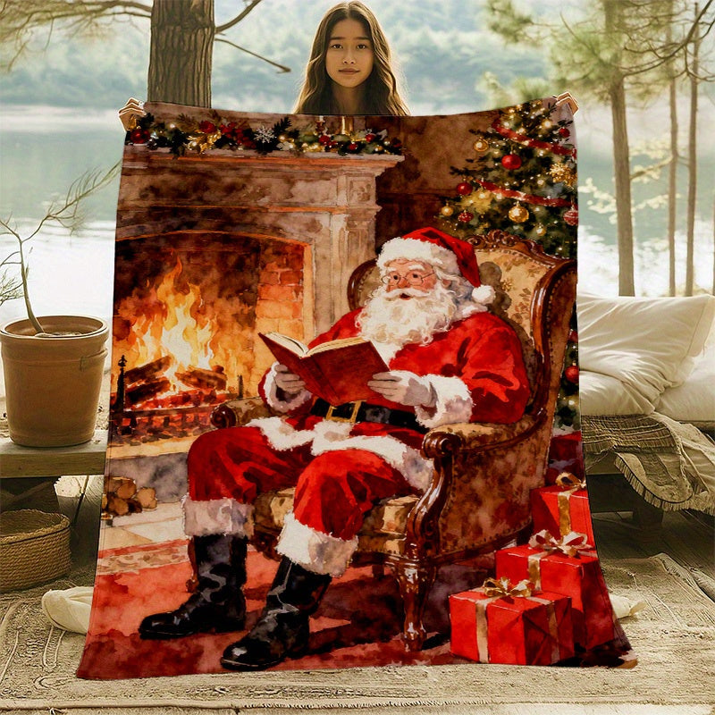 2D Flat Printing, 1pc Flannel Santa Claus Printed Blanket, Festive and Cozy Design¡ªSoft, Warm, and Comfortable, Lightweight and Durable, Multiple Sizes Available, Perfect for Christmas, Living Room, Bedroom, Study, All-Season Multi-functional Throw