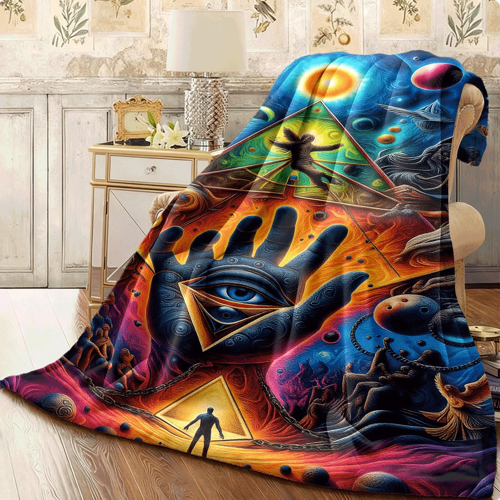 1pc Psychedelic Space Vision Flannel Blanket Trippy Hand Eye Pyramid Art Cosmic Astral Graphic Print Soft Warm Sofa Throw for Dreamers & Psychedelic Enthusiasts