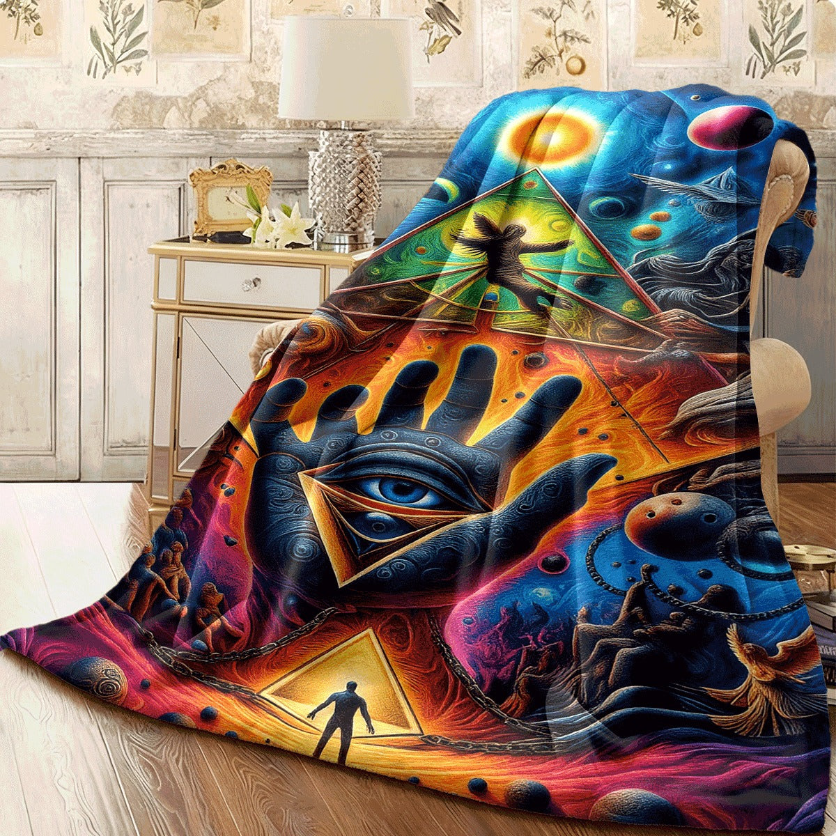 1pc Psychedelic Space Vision Flannel Blanket Trippy Hand Eye Pyramid Art Cosmic Astral Graphic Print Soft Warm Sofa Throw for Dreamers & Psychedelic Enthusiasts