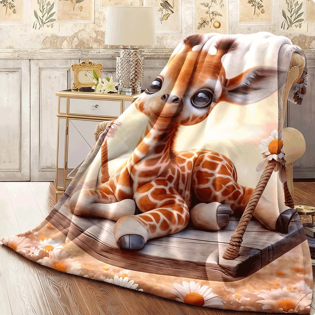 1pc Cute Giraffe on Swing Flannel Blanket Adorable Brown & White Giraffe with Sunflower Decor Cozy Soft Throw for Sofa Nursery Room Decor All-Season Warmth