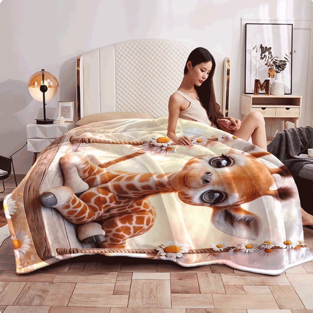 1pc Cute Giraffe on Swing Flannel Blanket Adorable Brown & White Giraffe with Sunflower Decor Cozy Soft Throw for Sofa Nursery Room Decor All-Season Warmth