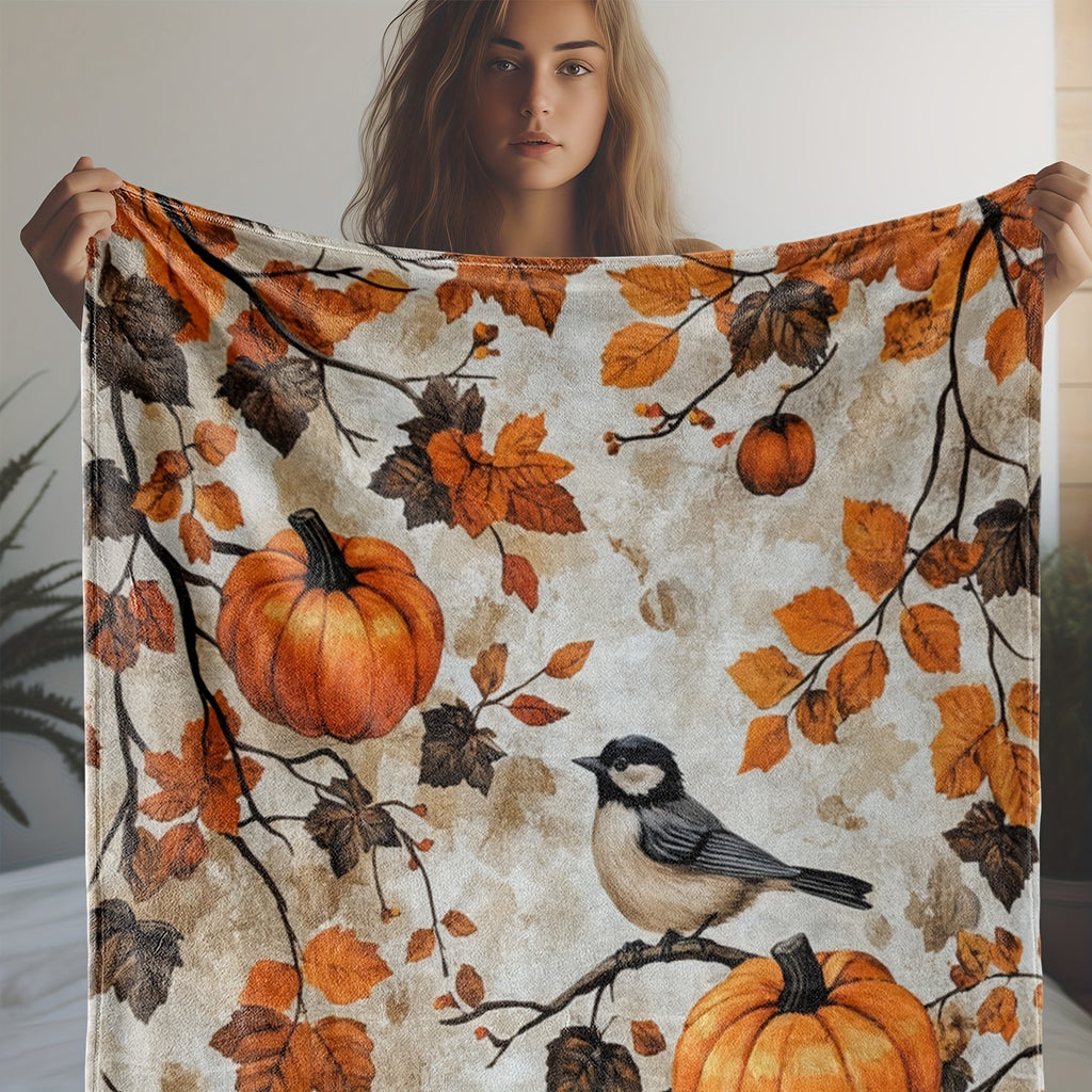 1pc Autumn Pumpkin and Bird Pattern Flannel Blanket, Soft, Comfortable, and Warm, Beige and Orange-Brown Design, Durable Plush Surface, All-Season Universal Bed Blanket, Warm Throw Blanket, Suitable for Living Room Sofa, Bedroom Headboard