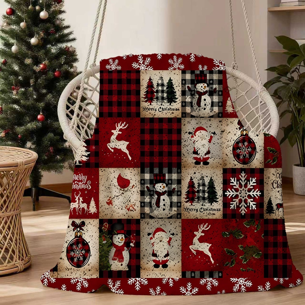 1pc Christmas Snowman And Reindeer Pattern Flannel Blanket, Soft Comfortable Warm, Red And Black Plaid Design, All-Season Blanket, Warm Cover, Multiple Sizes Available, Suitable for Living Room Sofa, Bedroom, Reading Corner, Holiday Decor