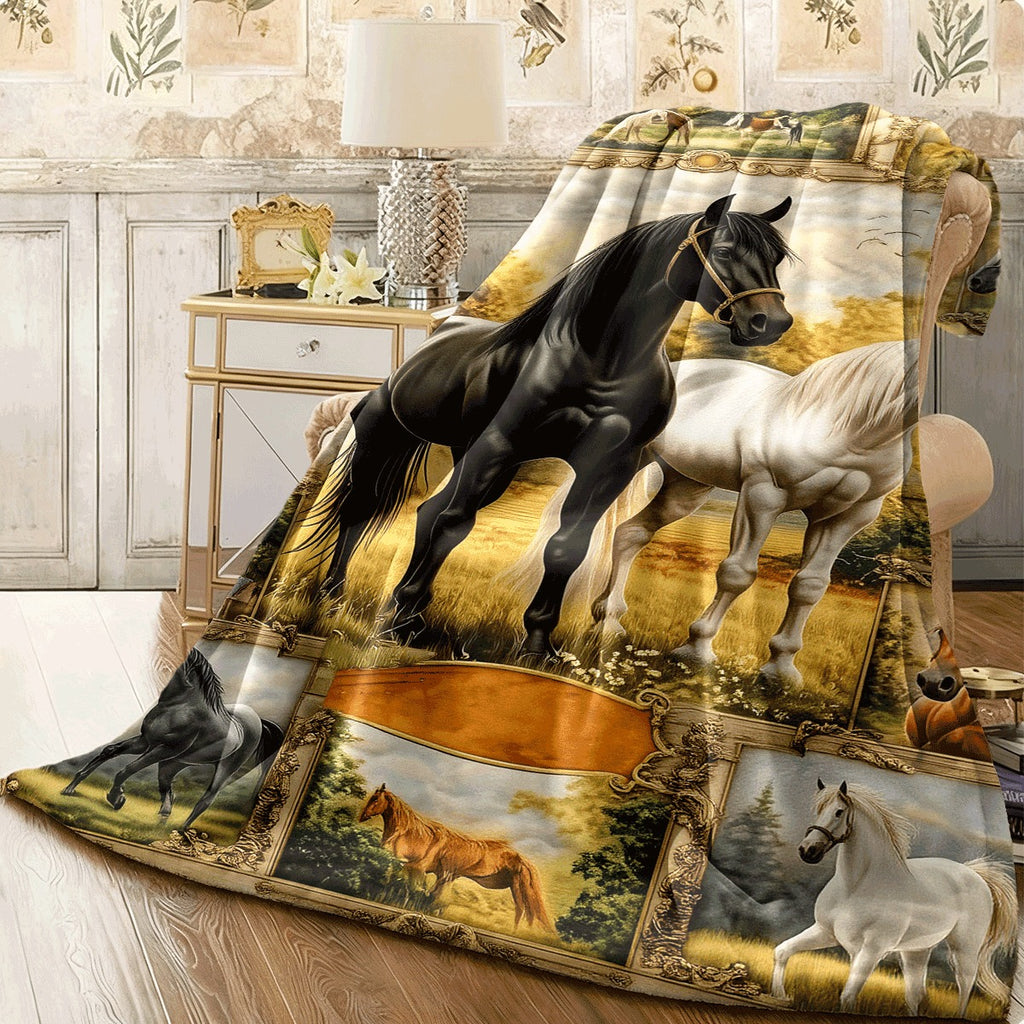 1pc Cozy Vintage Horse Print Flannel Throw Blanket Lightweight Soft And Warm for Couch Travel Camping Available in Multiple Sizes