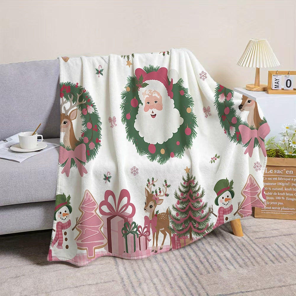 1pc Santa Claus And Reindeer Wreath Pattern Flannel Blanket, Soft Comfortable Warm, Pink And Green Design, All-Season Blanket, Warm Cover, Multiple Sizes Available, Suitable for Living Room Sofa, Bedroom, Reading Corner, Holiday Decor