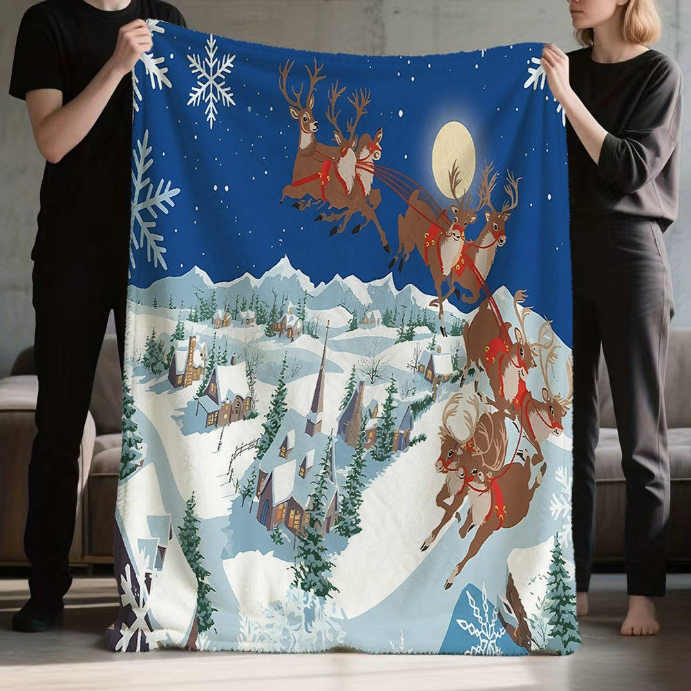 Christmas Reindeer And Snowy Night Sky Blue Flannel Blanket, Soft Comfortable Warm, Winter Theme Design, All-Season Sofa Blanket, Warm Cover Blanket, Multiple Sizes Available, Suitable for Living Room Sofa, Bedroom, Reading Area, Rest Area