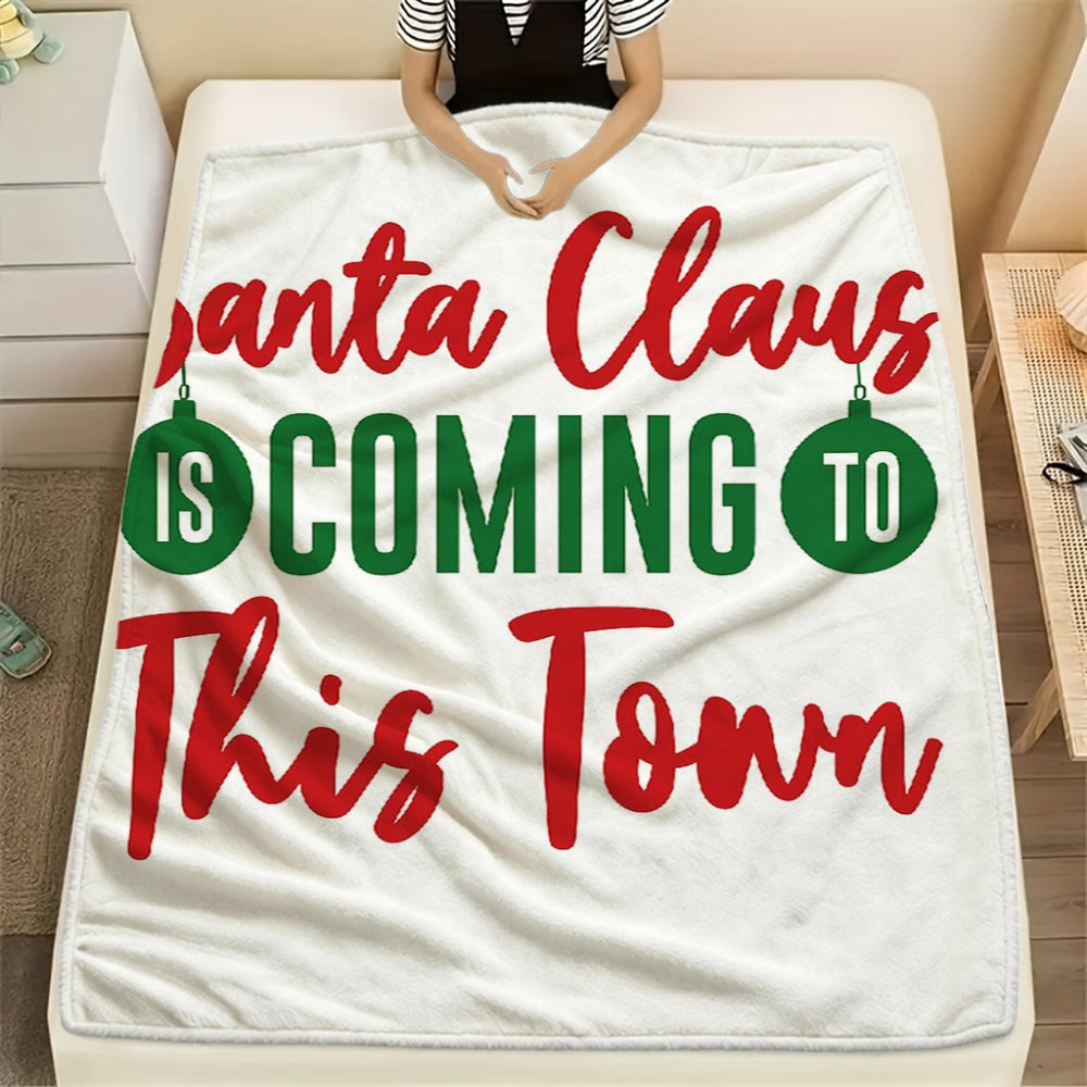1pc Christmas "Santa Claus Coming to This Town" Theme Cream Beige Flannel Blanket, Festive Decor Design, Soft Plush All-Season Use, Suitable for Holiday Home Decoration, Home Nap, And Weekend Sofa Relaxation