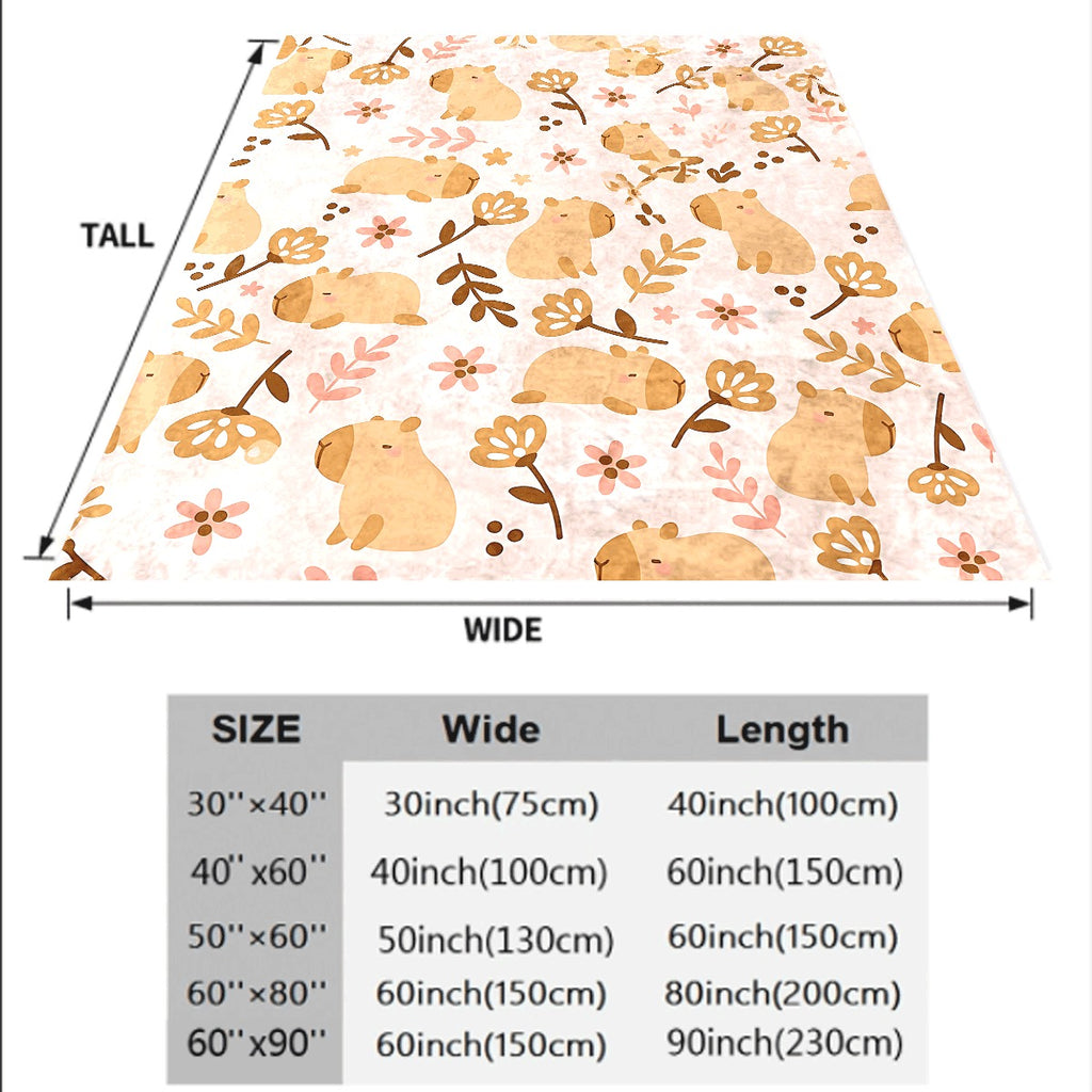 1pc Cute Capybara with Floral Pattern Flannel Blanket Soft Pink Background Throw for Couch Cozy Warm Fleece All-Season Blanket
