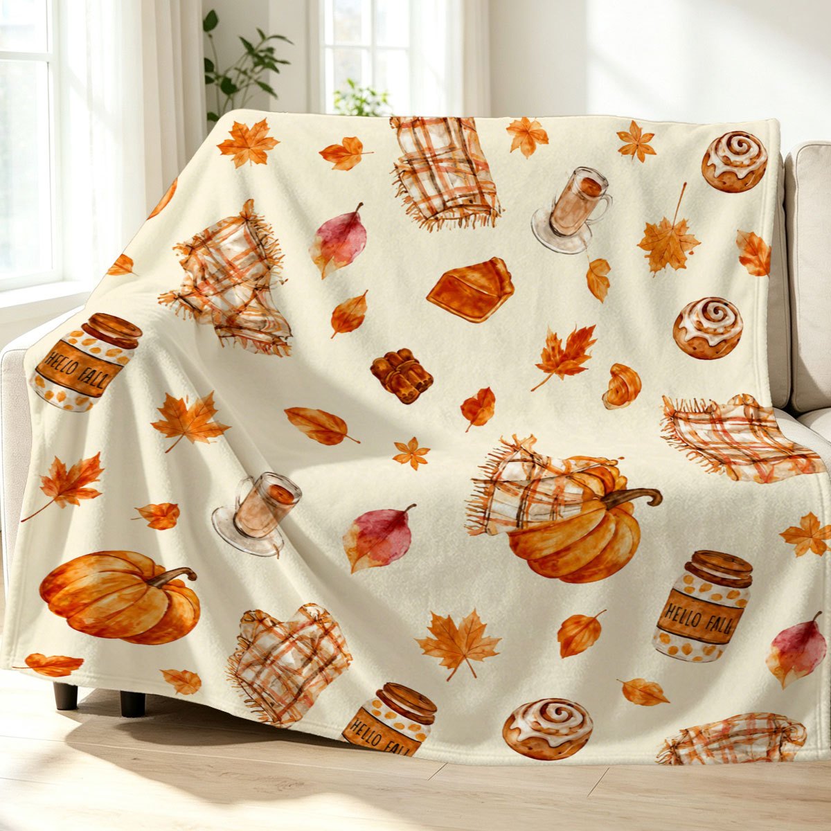 1pc Watercolor Autumn Pumpkin Maple Leaf Dessert Outdoor Blanket, Ideal Warm Throw Blanket, Family Gift, Birthday Gift, Halloween Gift, Christmas Gift, Thanksgiving Gift,  Gift, Can Be Given as a Gift Blanket to Best Friends, Outdoor Blanket
