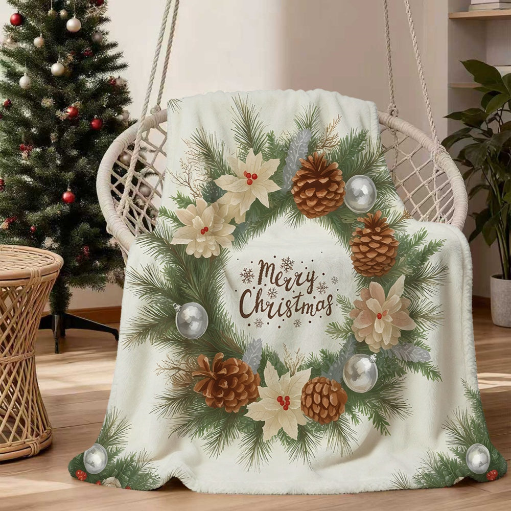 1 Christmas Wreath Patterned Blanket, Soft, Comfortable, and Warm, with a White and Green Design. A Four-season Universal Throw, a Warm Lap Blanket, Available in Multiple Sizes. Suitable for Living Room Sofas, Bedroom, Leisure Reading