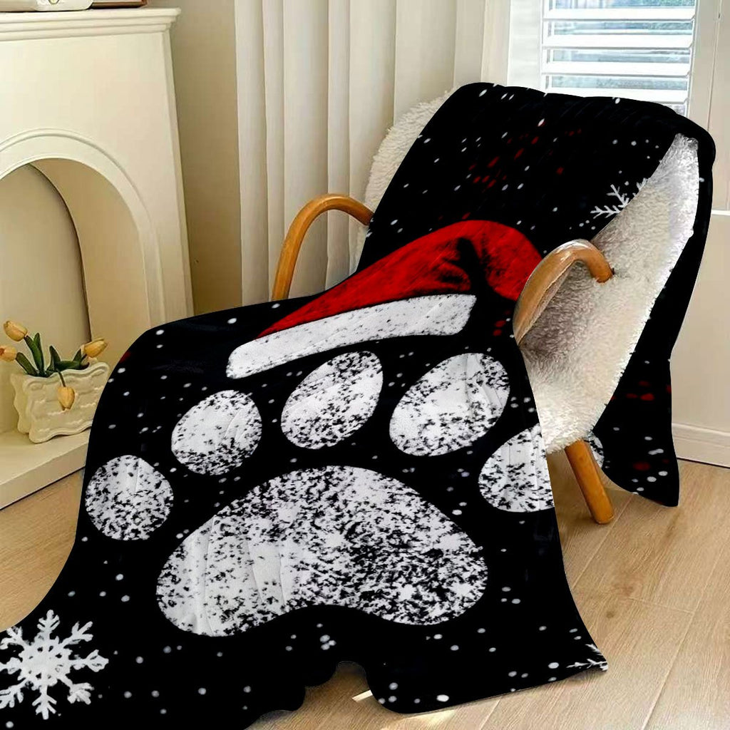 1pc of Large Flannel Blanket with a Black Design Featuring a Christmas Red Hat and White Paw Print Pattern, Suitable for Christmas Winter Decor, Holiday Home Decoration, Living Room Sofa Throw, and Home Naps